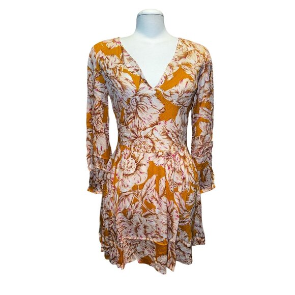 Band of the Free Floral Open Back Mini Dress Sz Medium Womens Long Sleeve Yellow - Picture 5 of 11